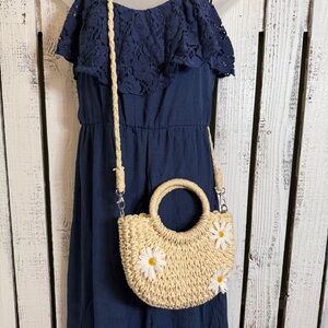 Daisy Straw Woven Crossbody Handbag Purse Boho Cottage Fairy Nature Retro Wicker